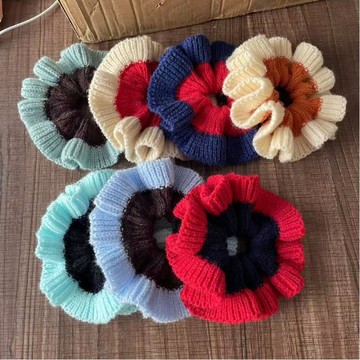 🔥2件9折🍊臺北出貨🍊可開發票手工雙拼色毛線針織髮圈秋冬軟糯基礎百搭氣質低丸子頭大腸圈
