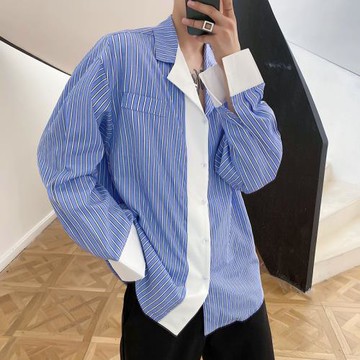 雅痞長袖藍色豎條紋寬松上衣襯衫