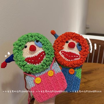 ins韓國手工針織成品小丑手機包編織小包兒童可愛斜挎包女生禮物