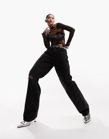 ASOS DESIGN baggy boyfriend jean in washed black with knee rips