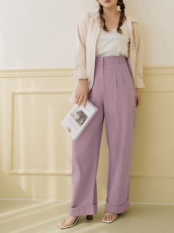 棉質反摺純色直筒褲