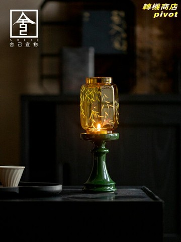 【禪意古風】明清燭臺 氛圍燈 蠟燭臺 茶室燈 裝飾燈 祖母綠琉璃 柳燕嬉春圖案 中式美學 茶室書房擺件