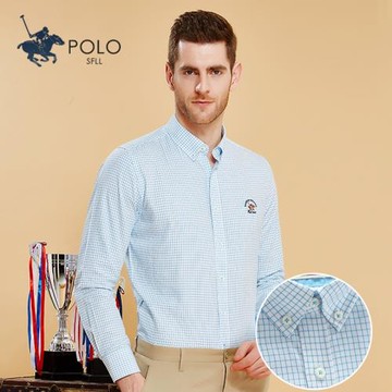 保羅純棉淺藍色小格子休閑男士長袖襯衫全棉牛津紡湖藍白格紋襯衣