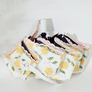 浮羽遮陽傘女 夏天五折碎花朵刺繡雙層三折全自動黑膠防曬太陽傘