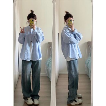 2026年春秋新款甜美淺藍色純棉襯衣女秋內搭疊穿打底長袖襯衫外穿