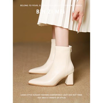 春秋后拉鏈時尚粗跟尖頭短靴