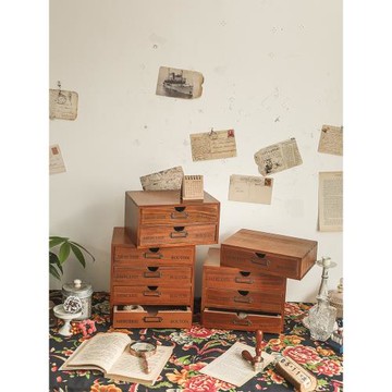 木質a4紙文件架印章桌面收納整理柜木盒貼紙抽屜式化妝品收納盒