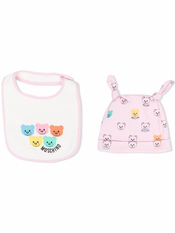 Moschino Kids - teddy-bear beanie and bib set - kids - Cotton/Cotton - I - Pink