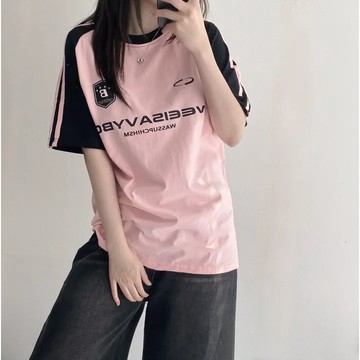 Vuja de 純棉 t恤 拼接上衣女 圖案印花 T恤 韓國上衣 oversize T恤 寬鬆上衣 ins風 潮流衣服