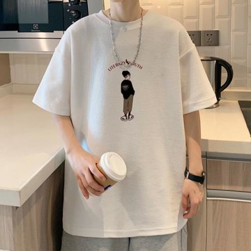 設計感短袖男夏季潮流寬松五分半袖上衣服男士T恤華夫格冰絲體恤