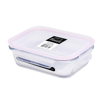 NEOFLAM專利耐熱玻璃保鮮盒 長方形-640ml (粉紅膠條)