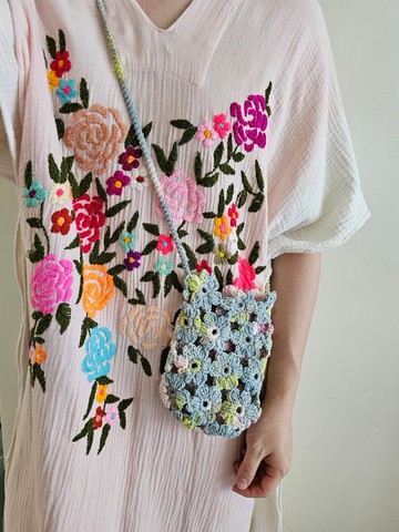 時髦編織網包 - 雙面粉藍花