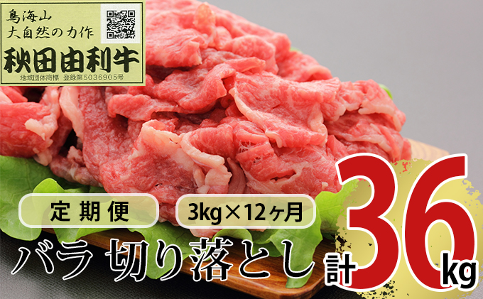 《定期便》12ヶ月連続 秋田由利牛 バラ切り落とし 3kg（1kg×3パック）