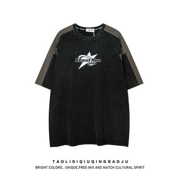 歐美街頭拼色做舊短袖T恤女夏季新款寬松嘻哈情侶圓領百搭上衣服