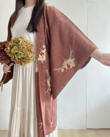 日本製古著羽織和服外套磚紅色和風織紋印花薄款