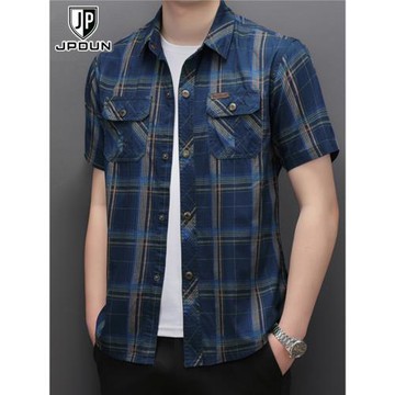 純棉短袖襯衫男士格子襯衣寬松商務美式休閑百搭夏季薄款翻領上衣