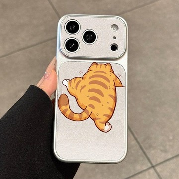 橘貓翻墻 皮紋 金屬漆 小羊皮蘋果iphone 16 pro max 17 15 14 13 12 11 手機殼 防摔