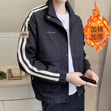 加棉加厚夾克男外套2022新款秋冬翻領休閑潮流修身男裝秋季上衣