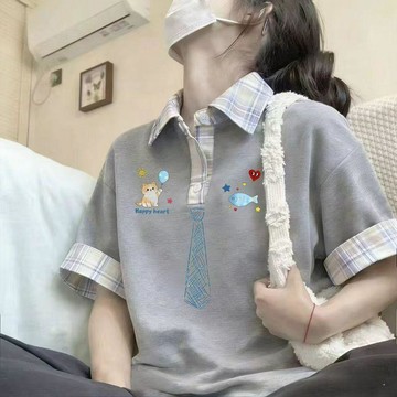 可愛風創意貓魚印花格紋領POLO衫女春夏季學院風運動短袖T恤上衣