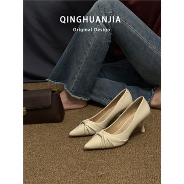 藝考播音主持米白色高跟鞋女細跟2025年秋尖頭不累腳通勤職業單鞋