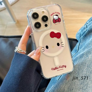 可愛卡通凱貓 透明磁吸手機殼 亞剋力 蘋果iPhone 12 13 14 15 16 Pro Max Plus硬殼