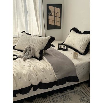 法式少女赫本風黑色花邊針織水洗棉床蓋款四件套床上用品雙人被套