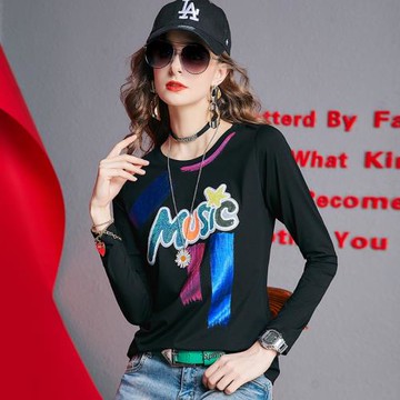 亮片字母黑色長袖莫代爾t恤女春秋2025新款設計感正肩修身打底衫