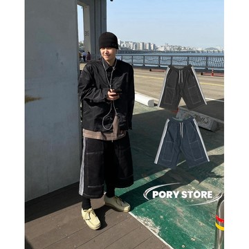 【PORY STORE】 韓國 拼接織帶畫家七分褲 實拍！刷色 七分褲 牛仔褲 寬鬆 男女 百搭