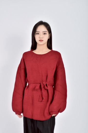 (F) 針織長袖紅色綁帶毛衣