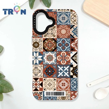 TRON iPhone 16 PLUS 優雅北歐風幾何復古花磚 防摔太空載具殼 透白 軟硬 手機殼