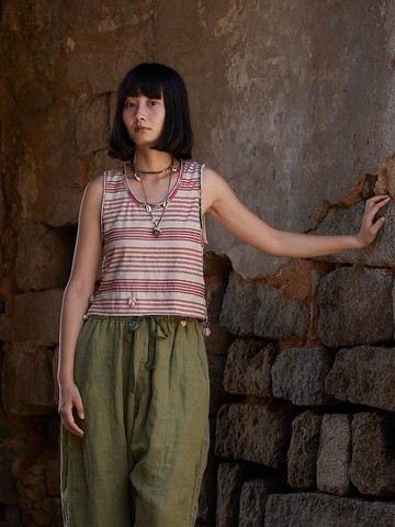 復古文青 棉麻針織卷邊背心