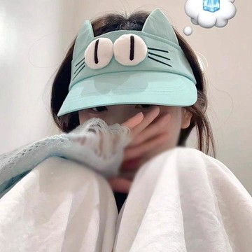 可愛大眼萌貓湖藍色空頂遮陽帽女生夏季速幹防曬卡通耳朵 防曬帽 速乾 遮陽帽大帽簷 防曬帽子