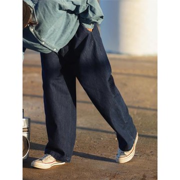 NOEARS復古高街工裝深藍色直筒垂感牛仔褲闊腿寬松日系休閑松緊腰