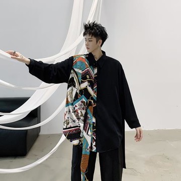 日系暗黑高級感襯衫男潮流寬松左右不對稱設計感花襯衣發型師男裝