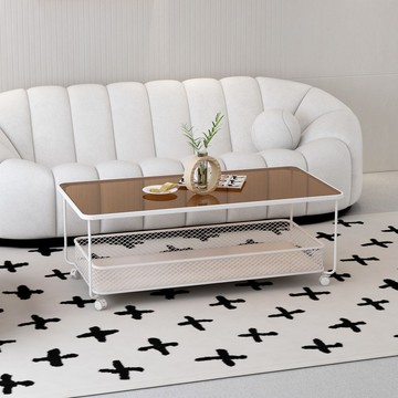 現代簡約法式ins奶油風長長方形虹玻璃小戶型可移動茶幾桌子