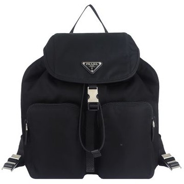 PRADA 黑色尼龍三角牌皮邊銀扣後背包(大)