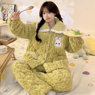 冬季女士珊瑚絨三層夾棉睡衣保暖加絨加厚少女宿舍家居服外穿套裝