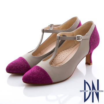 DN 復刻時尚 真皮金蔥拼接瑪莉珍款跟鞋 桃