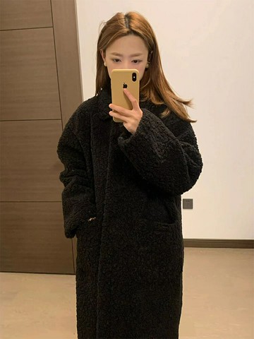 冬季長款皮毛一體羊羔毛外套女黑色顯瘦毛毛大衣羊羔絨環保皮草【淘夢屋】