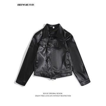 BOYUE帛躍墊肩斜門襟外套美式高級感時尚亮面短款皮衣夾克男女潮