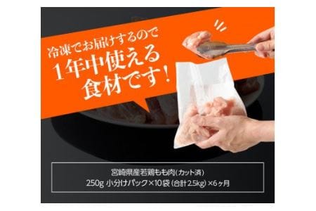 宮崎県産 鶏肉 もも肉 切身 2.5kg(250g×10袋) 6ヶ月定期便