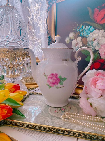 1950年德國百年手工手繪骨瓷咖啡壺花茶壺 庫存品大尺寸茶壺