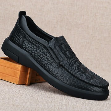 鱷魚紋休閑皮鞋男士真皮透氣懶人鞋英倫中老年潮大頭潮鞋圓頭套腳