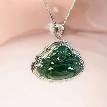 冰種老坑綠翡翠彌勒佛項鍊 18K金鑲嵌  | 天然A貨翡翠 | 送禮