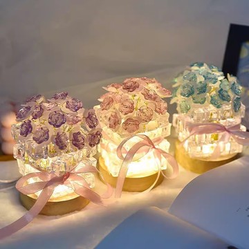 🍑玫瑰花小夜燈 玫瑰冰塊燈 手作小夜燈 DIY材料包 禮物 冰塊燈 桌面擺件 夜燈 氛圍燈 玫瑰燈 裝飾燈 交換禮物