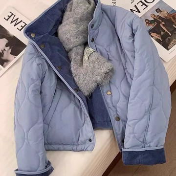 韓版小衆藍色燈芯絨翻領棉服女秋冬減齡設計感寬鬆保暖夾棉外套潮