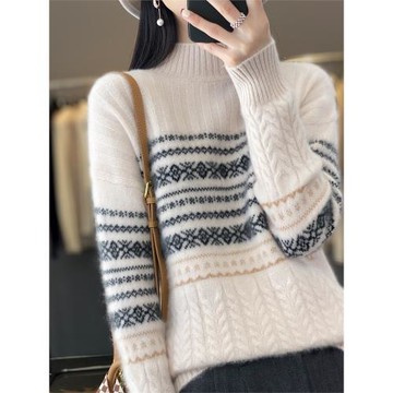 秋冬新款羊絨針織衫女半高領落肩寬松民族風套頭毛衣純羊毛打底衫