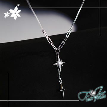 【伊飾童話】十字架雙墜＊流蘇晶鑽鎖骨短頸項鍊/銀