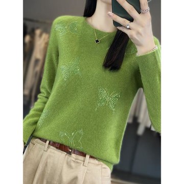 秋季新款羊絨針織衫上衣女毛衣圓領寬松內搭鑲鉆羊毛長袖打底衫