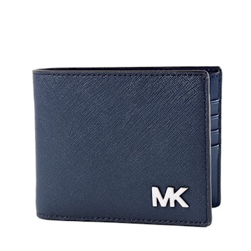 MICHAEL KORS 男款 金屬LOGO十字紋防刮八短夾/附證件夾-藍色